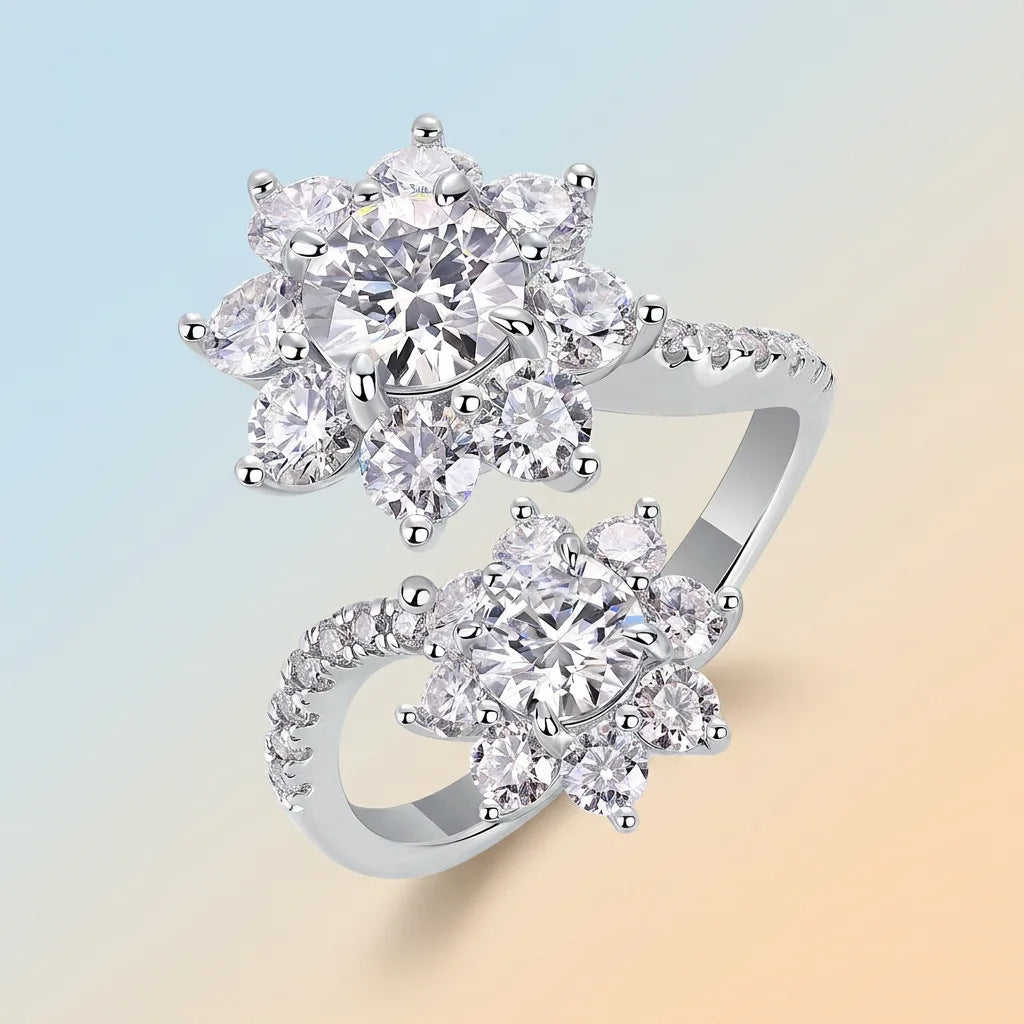 Moissanite Open Flower Bouque Ring S925 Silver Base Moissanite Ring for Women, Non-Fading Waterproof Closed Band, Elegant Jewelry, Perfect Gift Idea, Women Wedding Set, Moissanite Jewelry Perfect for Birthday Mother's Day for Brides