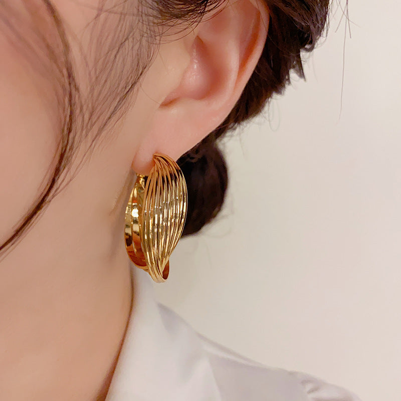 Thick Wavy Hoops, 14k Gold Plated Anti-Tarnish and Hypoallergenic, Vintage Design Zircon Crystals, Lightweight Luxury Jewelry, Versatile Sparkling Face Slimming Ear Rings